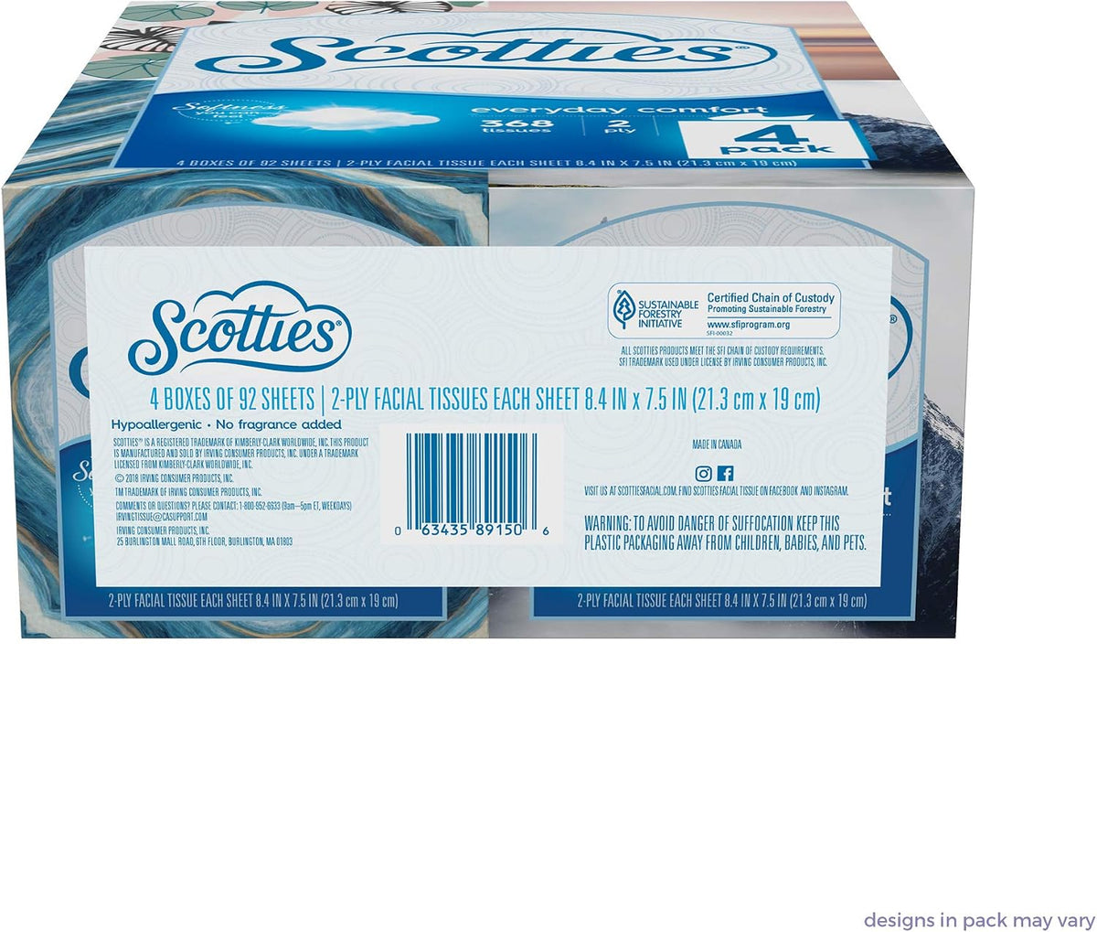 Everyday Comfort Facial Tissues, 2-Ply, 92 Tissues Per Box, (Pack of 4)