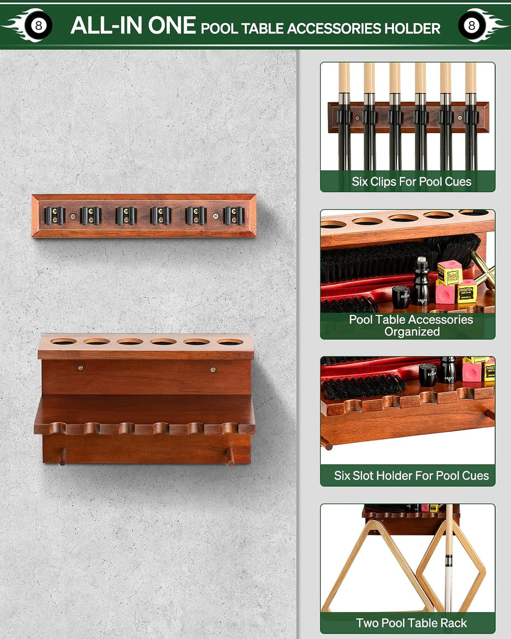 Wall Mount Pool Stick Holder - Billiards Pool Cue Rack Hardwood Pool Cue Set Holder for 6 Cues Sticks Storage Pool
