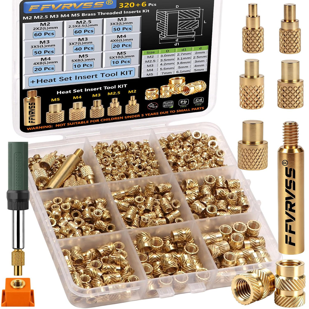 320+6Pcs Brass Threaded Inserts M2 M2.5 M3 M4 M5 for 3D Printing