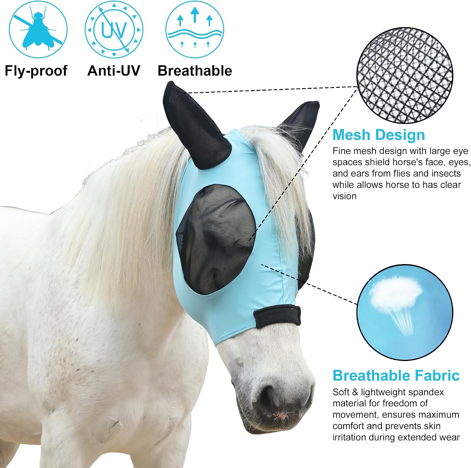 Elastic Fly Mask for Horse with Ear, Equine Fly Mask UV Protection