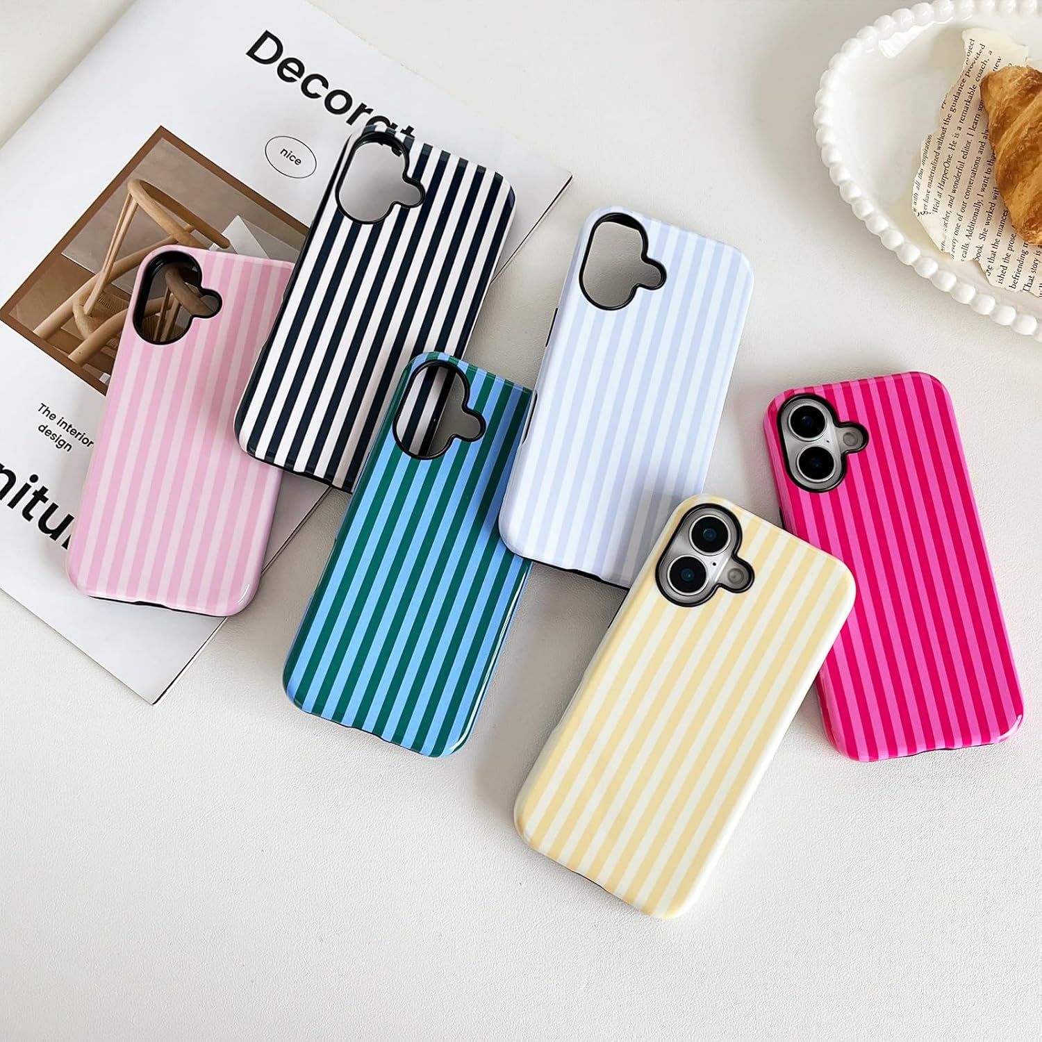 Compatible with iPhone 16 Case, Cute Fashion Aesthetic Striped Pattern Cover for Women, Shockproof Soft TPU and Hard