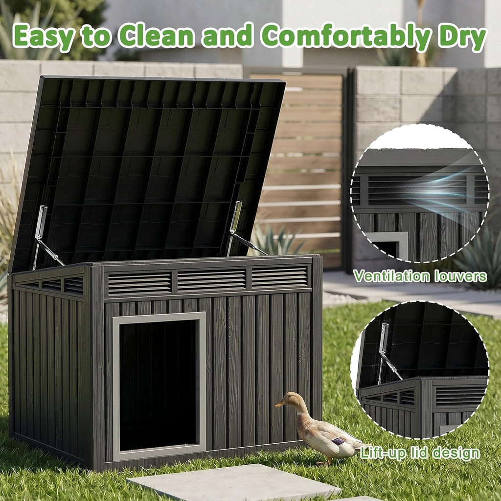Outdoor Duck House, PP Resin Material with Spacious Interior Poultry Shelter, Gas Strut Opening Top & Shutter Vents