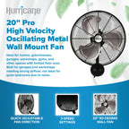 Pro High Velocity Oscillating Wall Fan, 3 Speeds, Black, 20in