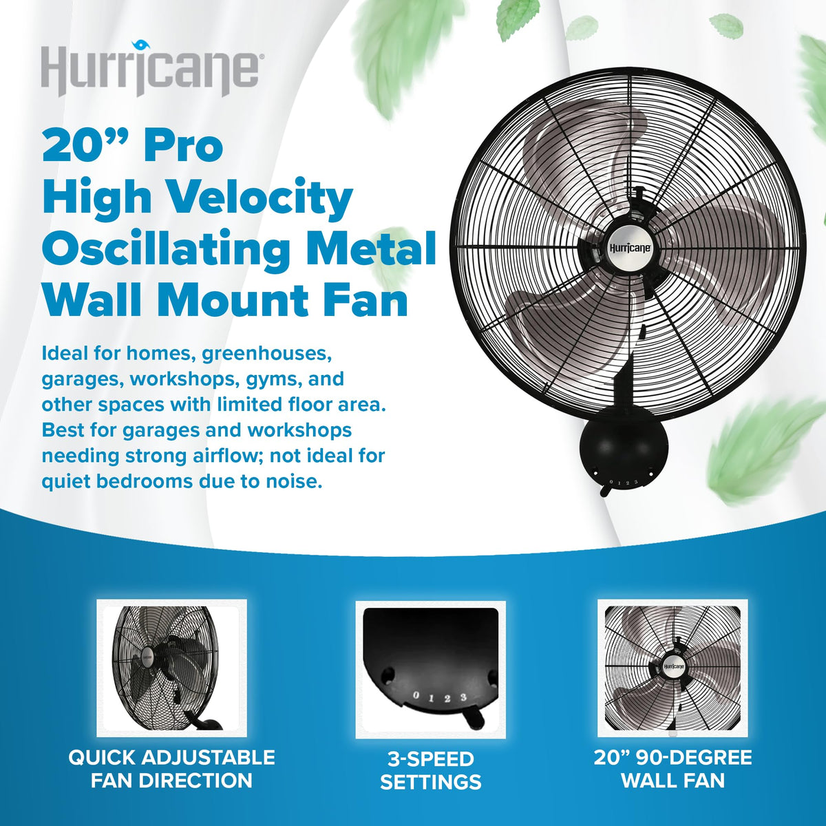 Pro High Velocity Oscillating Wall Fan, 3 Speeds, Black, 20in