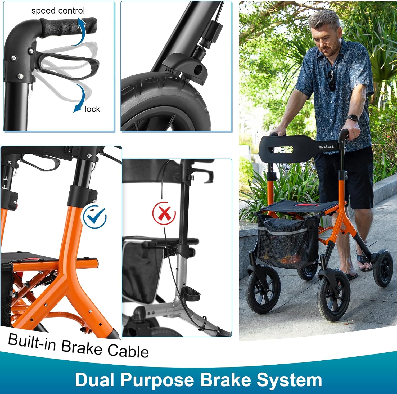 Rollator Walker with Seat, Tall Walkers for Seniors, 12" Big Rubber Wheels All Terrain Rollator Walker with Backrest