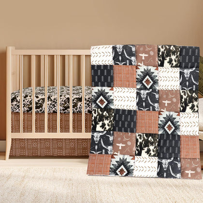 3 Pcs Western Cowboy Baby Crib Bedding Western Quilt Fitted Sheet Skirt Soft Flannel Nursery Bedding for Baby Boys