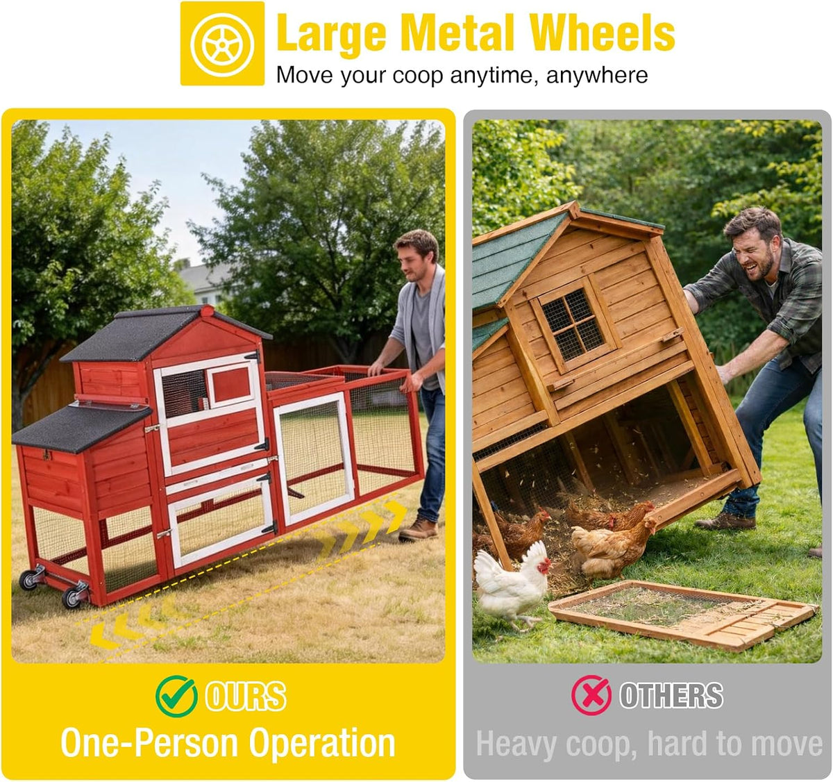 Mobile Chicken Coop with Wheels for 4-6 Chickens, Backyard Expandable Chicken House Duck Cage with Run, 2 Nesting