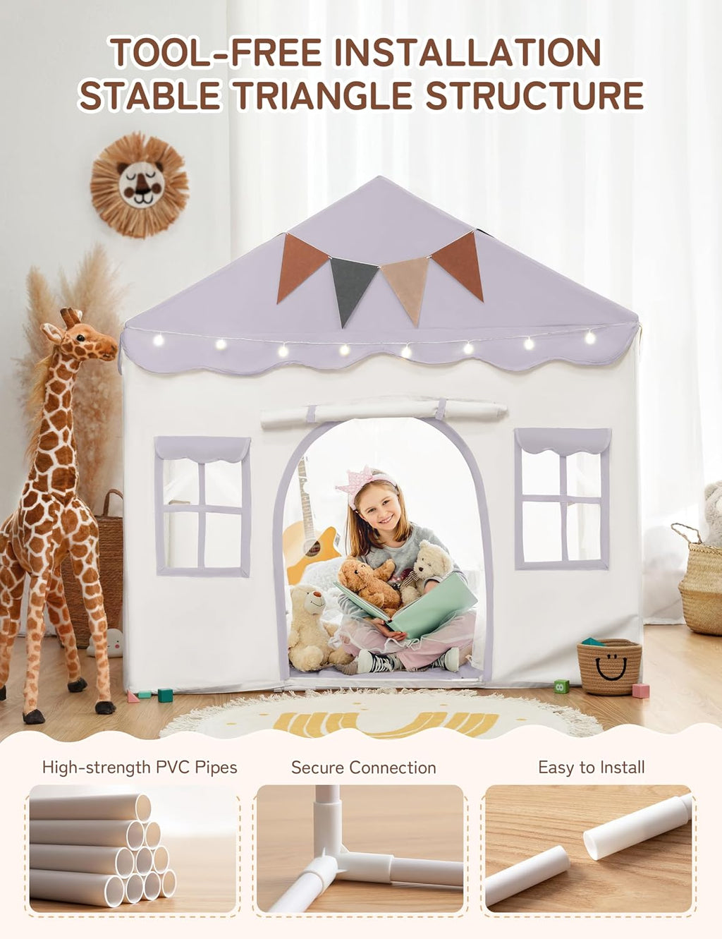 Kids Play Tent 2 in 1 with Padded Mat and Lights, Large Kids Playhouse with 2 Doors & 4 Windows, Indoor & Outdoor