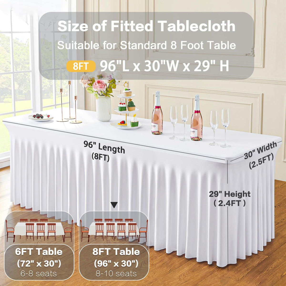 6 Pack Spandex White Tablecloths for 8 Foot Rectangle Tables, Stretchy Table Cloths 8ft Fitted Table Cover Desk Skirt