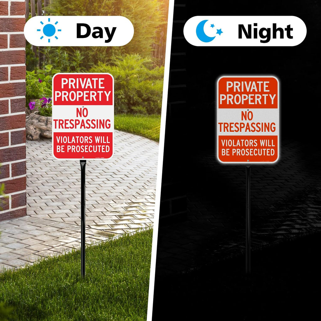 Large No Trespassing Signs Private Property Sign with 36" Heavy Duty Metal Stakes, 14"x10" .040 Aluminum Reflective