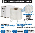 Heavy Duty Woven Cord Flat Rope - 1000ft x ½” Roll - Banding & Pallet Strapping Kit - Includes Virgin Polyester
