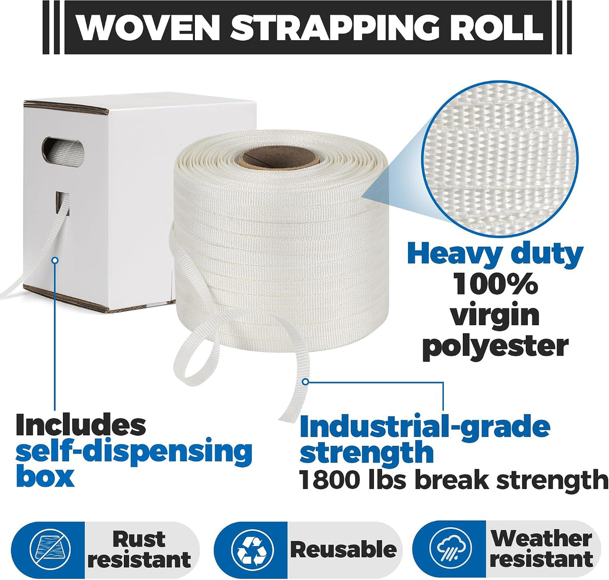 Heavy Duty Woven Cord Flat Rope - 1000ft x ½” Roll - Banding & Pallet Strapping Kit - Includes Virgin Polyester