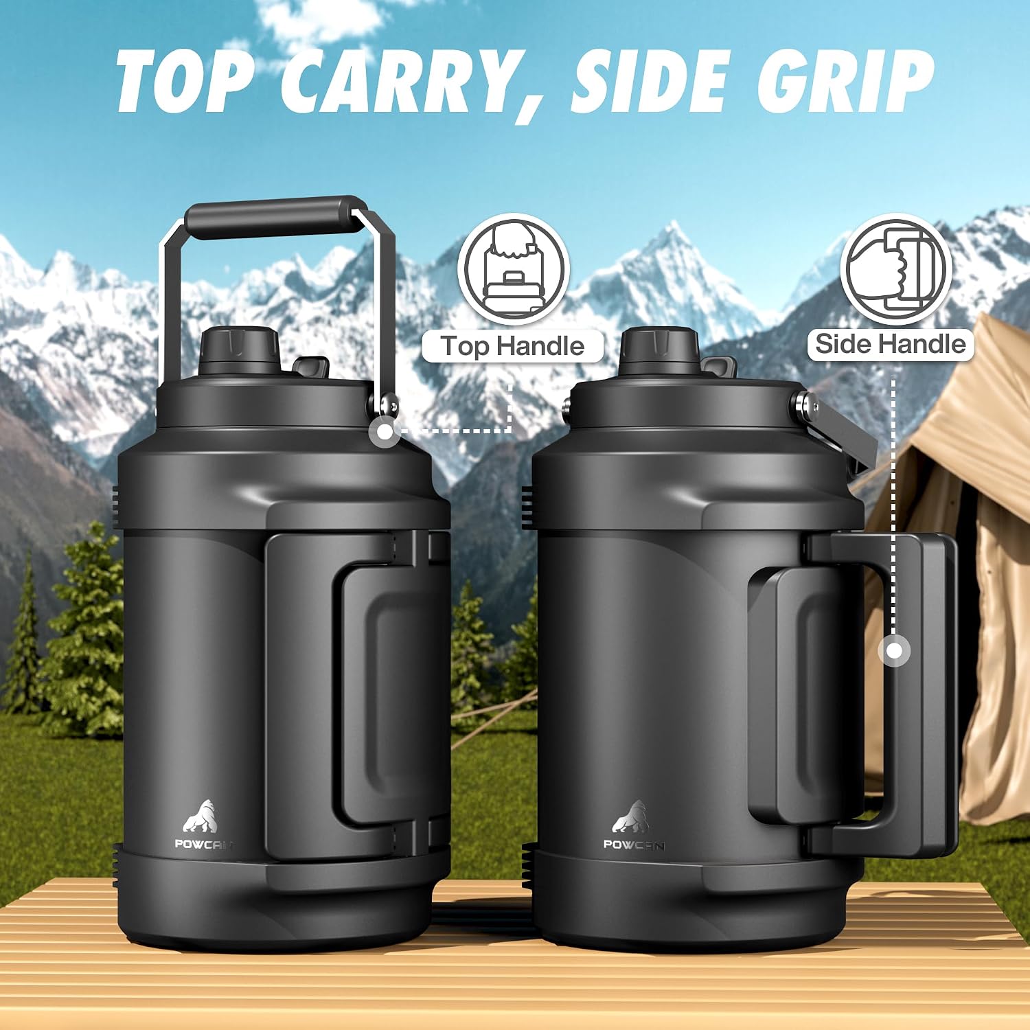 1 Gallon Insulated Water Bottle for Travel: 2-in-1 Straw Spout Lid, Dual Handle, Leakproof, Keep Cold 48H, 128oz