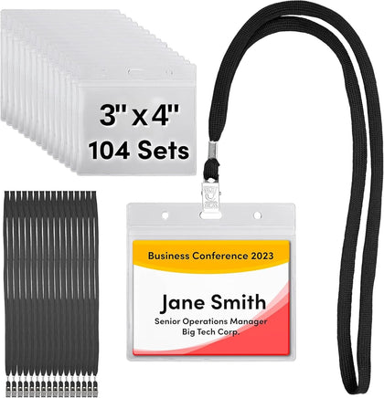 Badge Name Tag Holders with Lanyards 104 Sets 3"x4" Size Quick Load