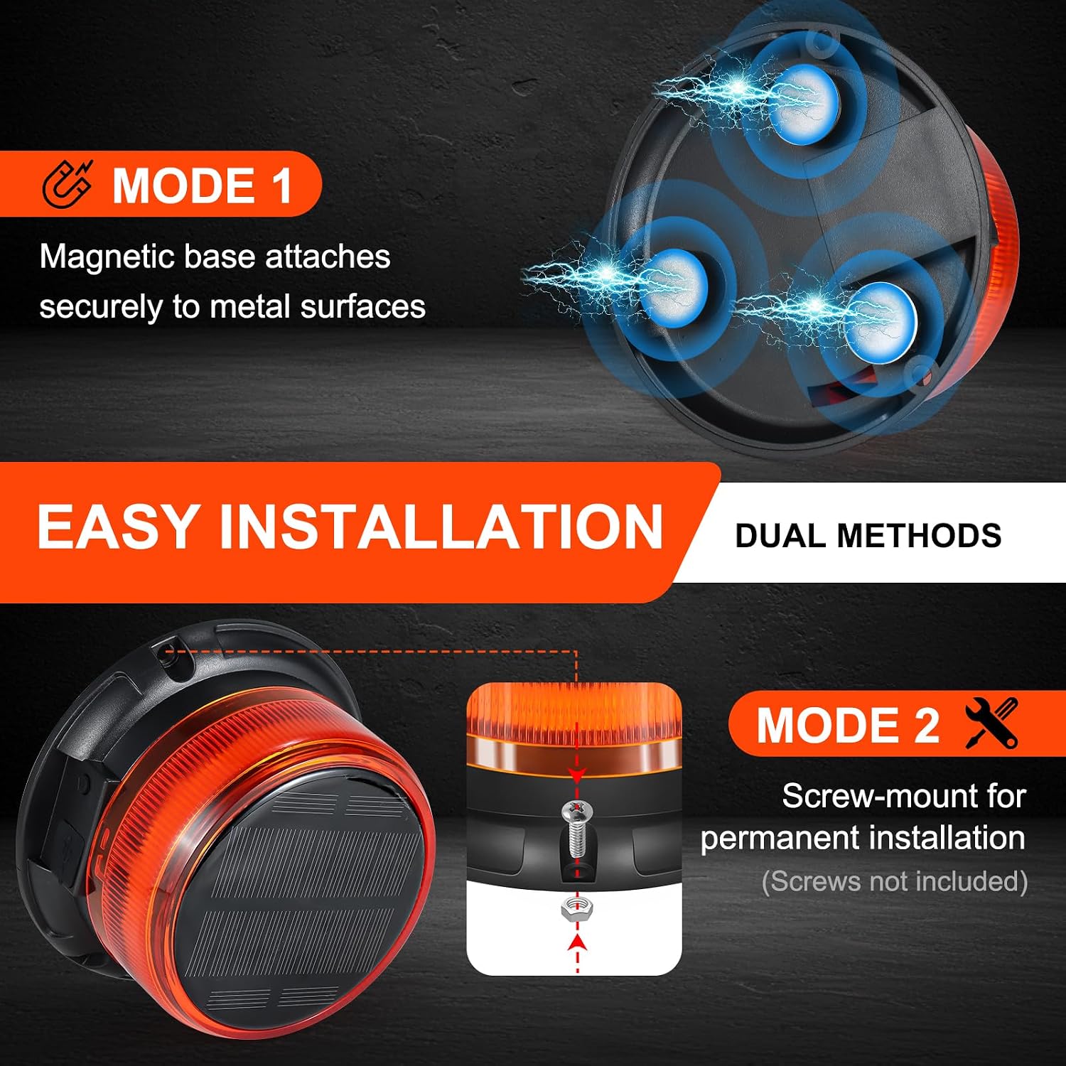 Solar Strobe Beacon Light, Amber Emergency Warning Light, Magnetic | Rechargeable 360° Flashing with 9 Modes and