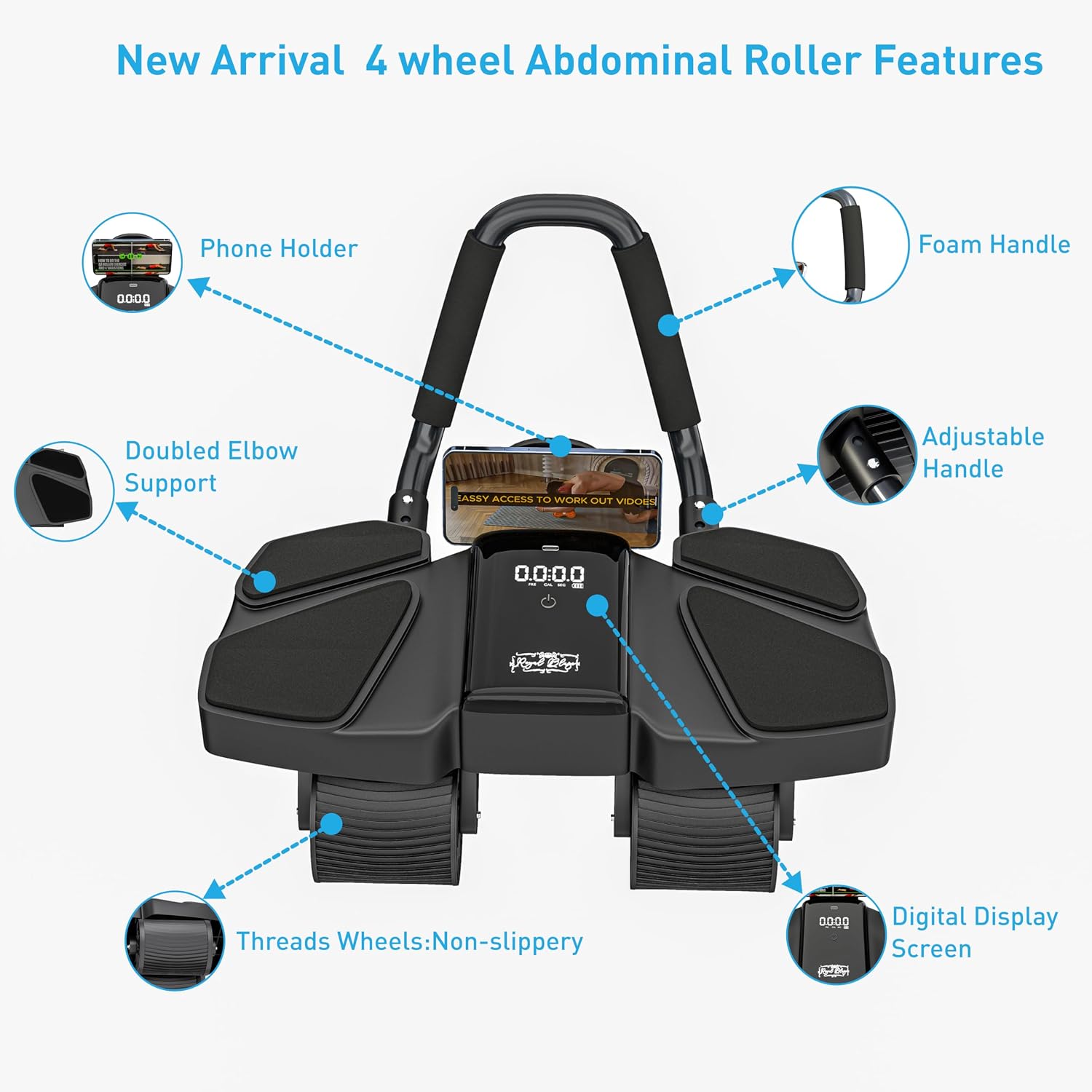 Ab Roller Home Gym Equipment – 4 Wheels Ab Wheel Muscle Roller with Automatic Rebound, Yoga Stretching Strap, 3