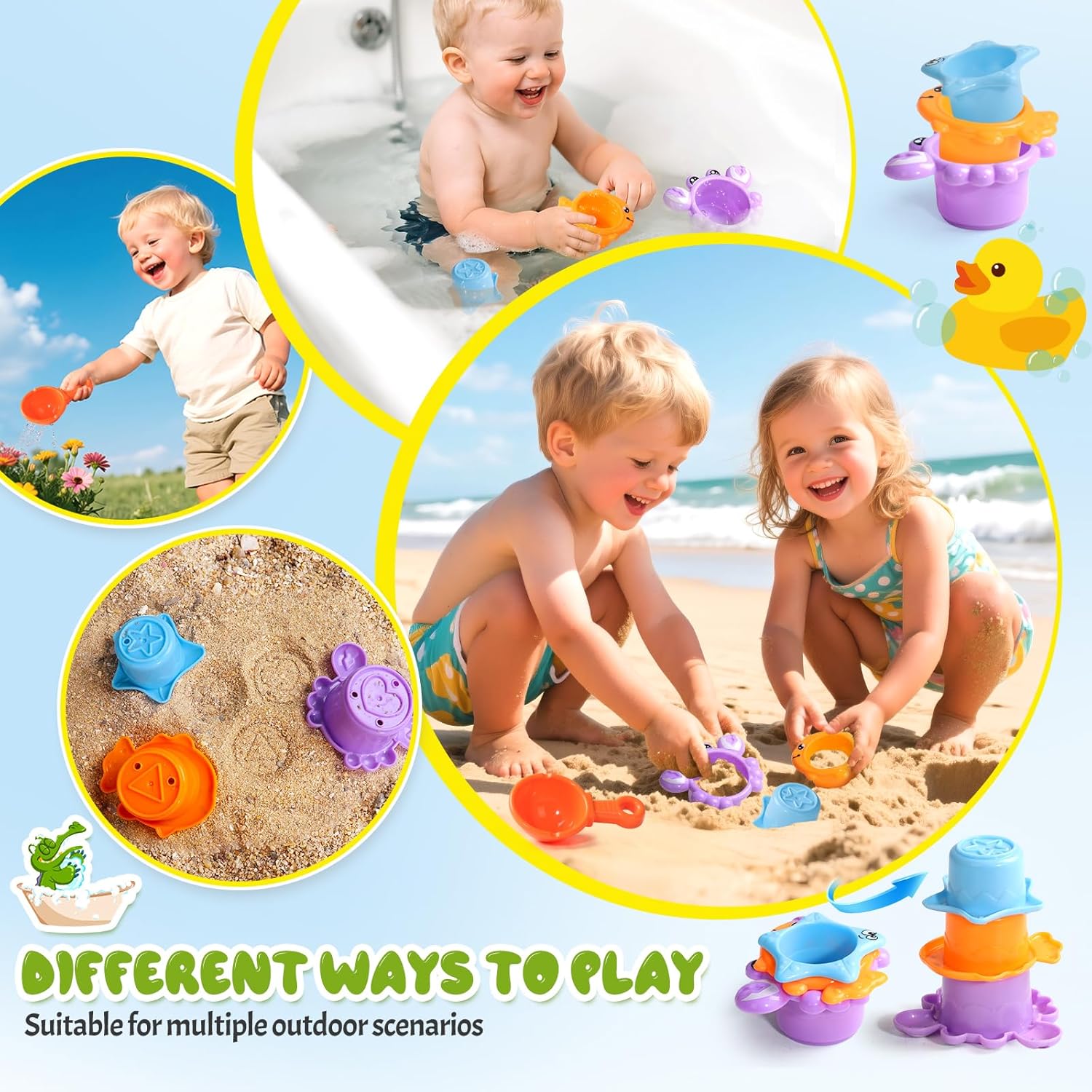 Toddler Bath Toys for Kids Ages 1-3 Waterfall Bathtub Toys for Toddlers 2-4 | with 3 Stacking Cups No Mold Baby Bath