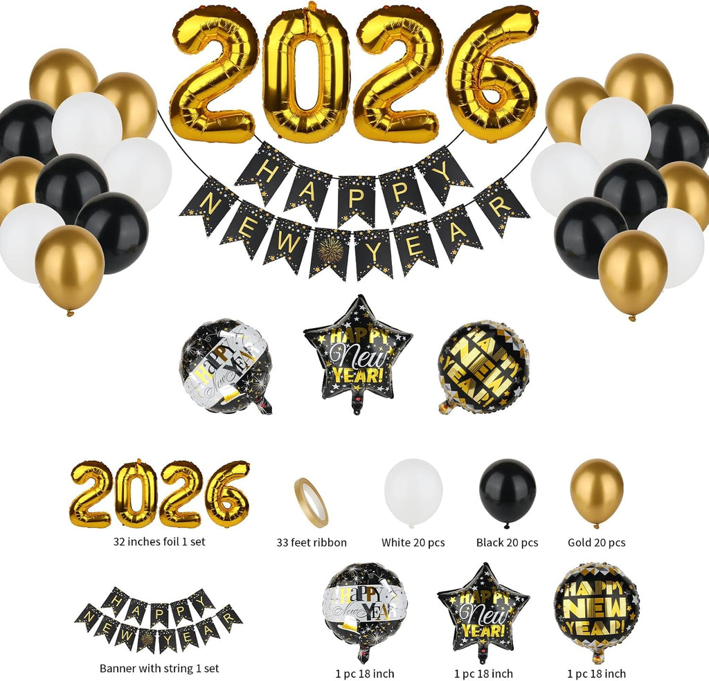 New Year 2026 decorations,Eve party supplies for 2026, including 2026 balloons and Happy New Year balloons