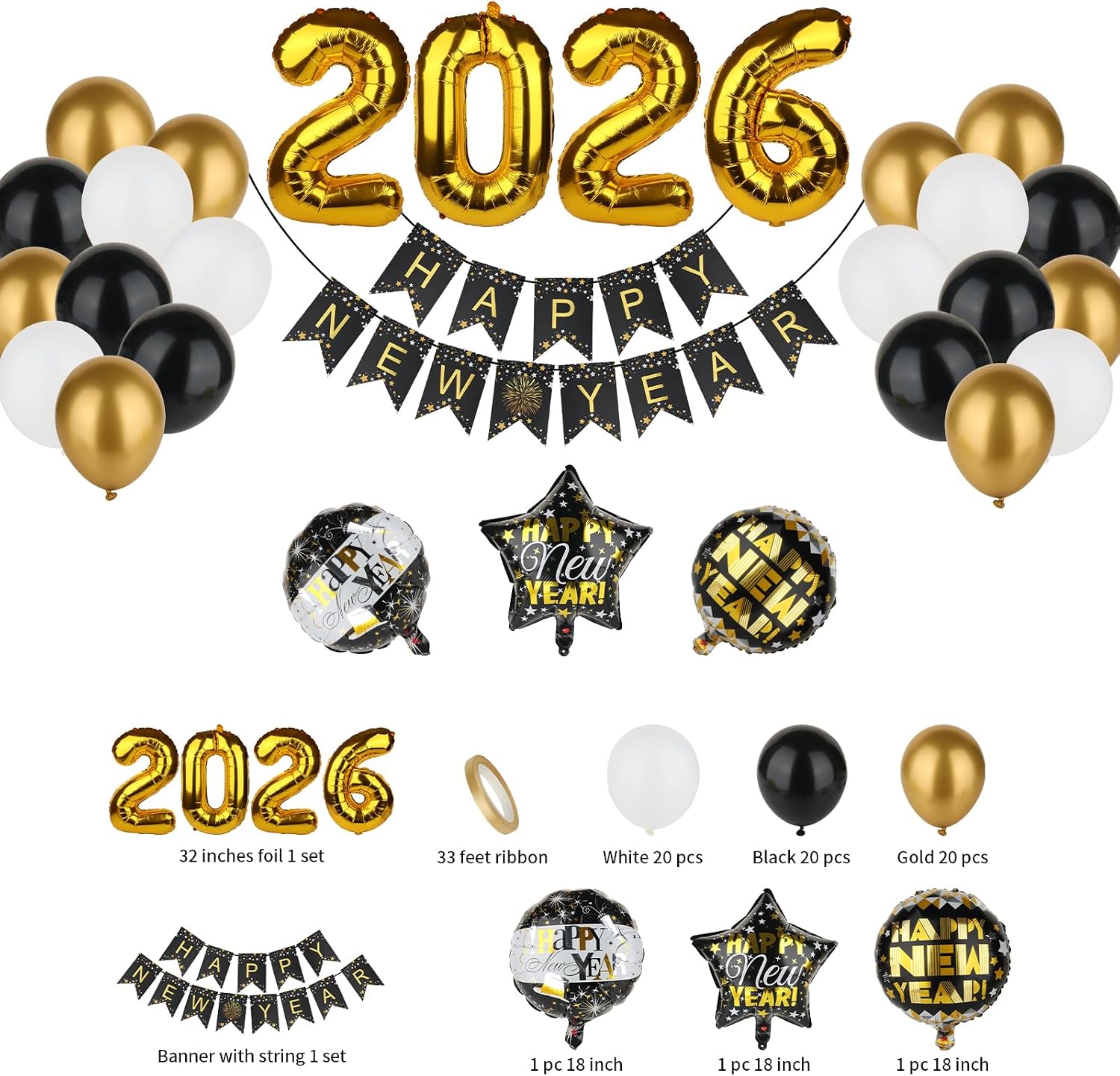 New Year 2026 decorations,Eve party supplies for 2026, including 2026 balloons and Happy New Year balloons