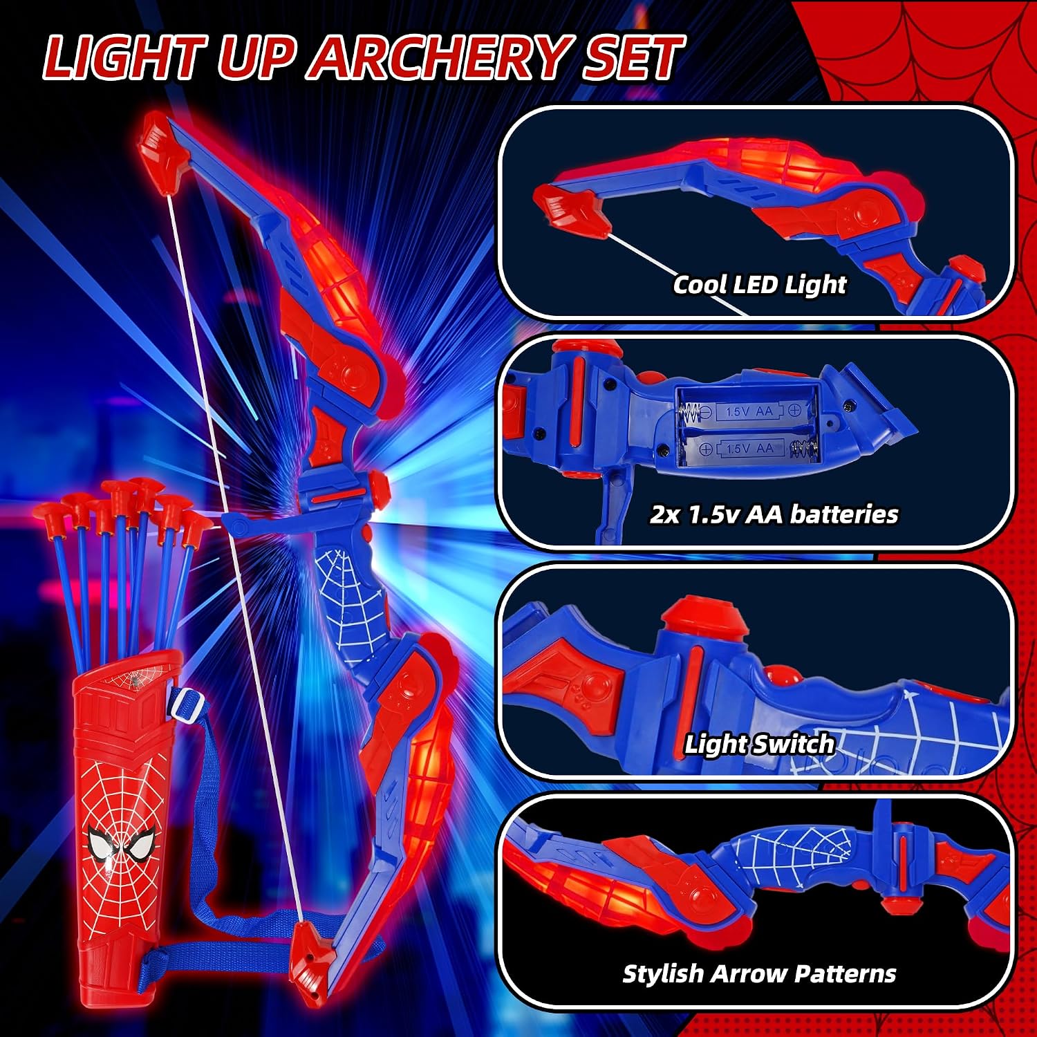 Bow and Arrow Set for Kids, Boy Girl Outdoor Indoor Shoot Game | LED Light Archery Set with Cape Eye Mask, Suction