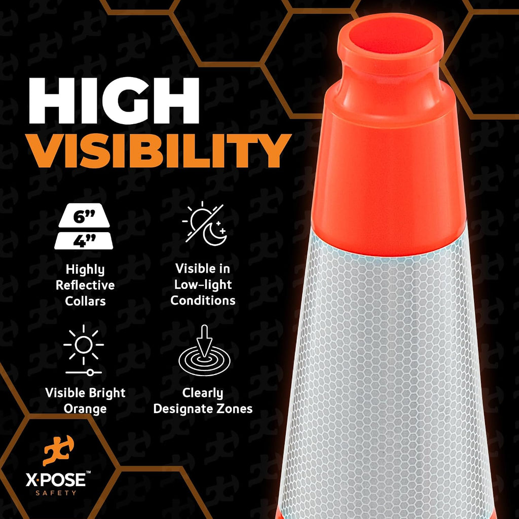 28 Inch Orange Slim Line Traffic Cones | Heavy Duty 10lb with 6" & 4" Collars, 4 Pack Multipurpose PVC Plastic Safety