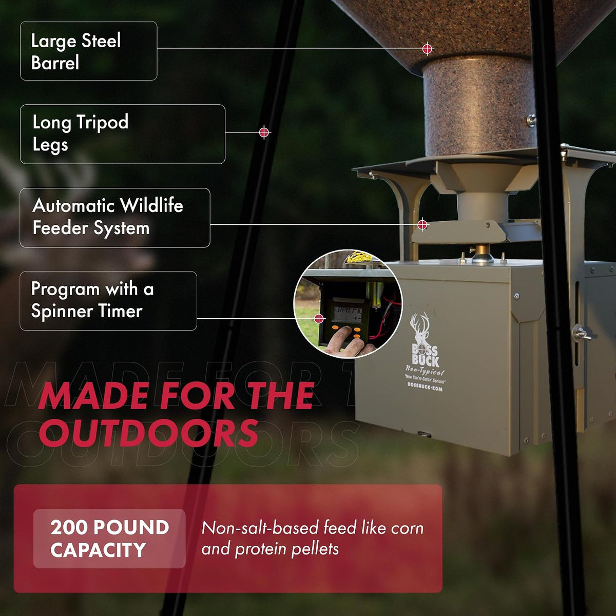 200 LB Deer Feeder/Hunting Durable Lightweight Plastic UV Protected Waterproof Game Feeder with 12V Spinner Automatic