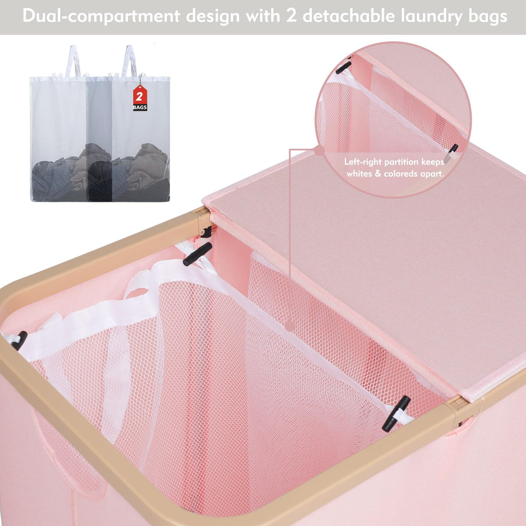 160L Double Laundry Basket Hamper with Lid & Removable Bags, Pink