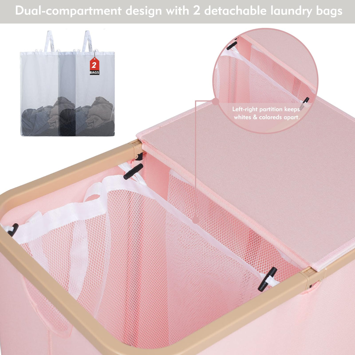 160L Double Laundry Basket Hamper with Lid & Removable Bags, Pink