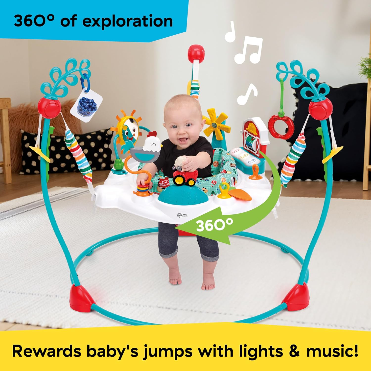 Farm Explorers Jump & Learn Barnyard 2-in-1 Baby Jumper Activity Center with Interactive Toys, Music, Lights, &