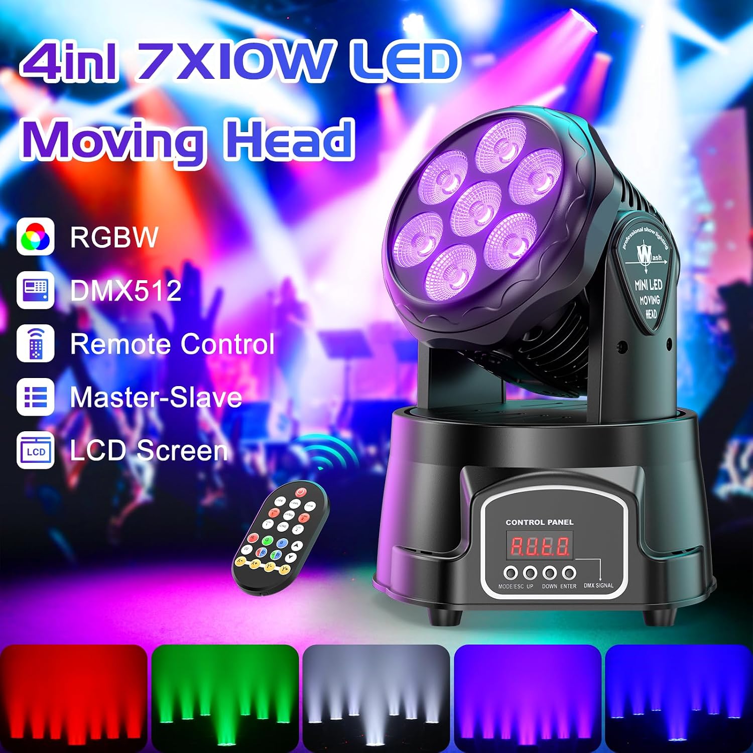 Moving Head Light RGBW Stage Lighting DJ Lights 7 x 10W LED Beam Spotlight 9/14 CH Wash Light with DMX and Sound