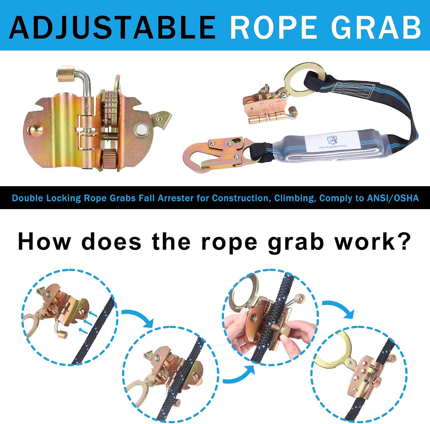 50FT Vertical Lifeline Assembly with Alloy Steel Anti-Panic Rope Grab Snap Hook Shock Absorb Lanyard, Fall Protection