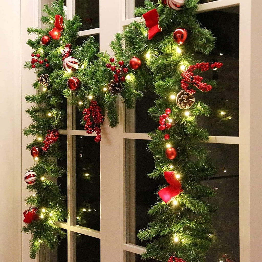 9 FT LED Christmas Garland with Pinecones Red Berries Bows Christmas Balls Candies, Multi-Function Christmas Garland