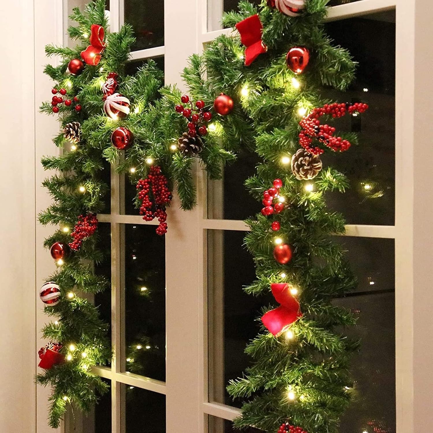 9 FT LED Christmas Garland with Pinecones Red Berries Bows Christmas Balls Candies, Multi-Function Christmas Garland
