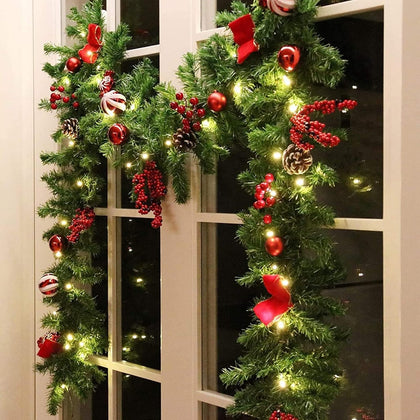 9 FT LED Christmas Garland with Pinecones Red Berries Bows Christmas Balls Candies, Multi-Function Christmas Garland