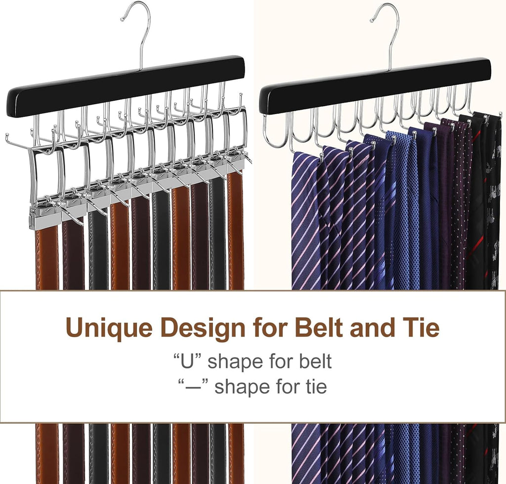 20 Hooks 2 in 1 Belt Tie Hanger for Closet Max 30 Belts with 30 Ties Capacity, Belt Tie Racks Wooden Hanger for