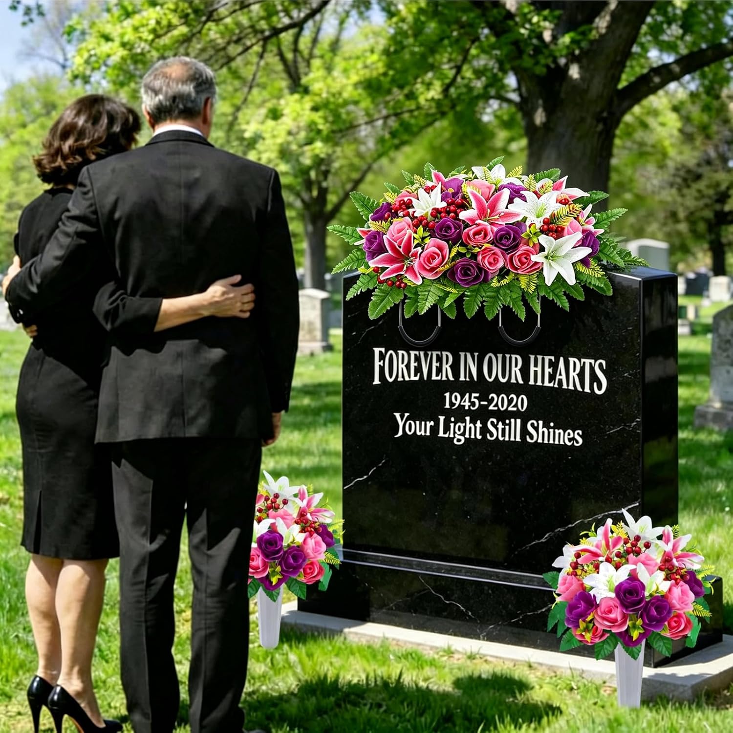 Cemetery Flowers for Grave Headstone Flower Saddle with Silk Rose Lily 3pcs