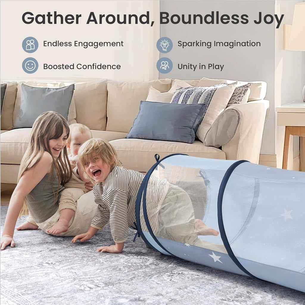Kids Play Tunnel Tent with Storage Bag for Toddlers | 69" x 18" Foldable Crawl Toys for Baby, Blue Indoor & Outdoor