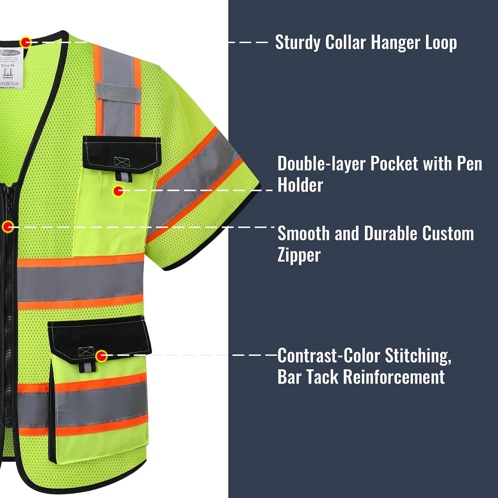 Safety Vest for Men Women Hi Vis with Pockets and Cushioned Collar Construction Vest Meet ANSI Standard (BX360)