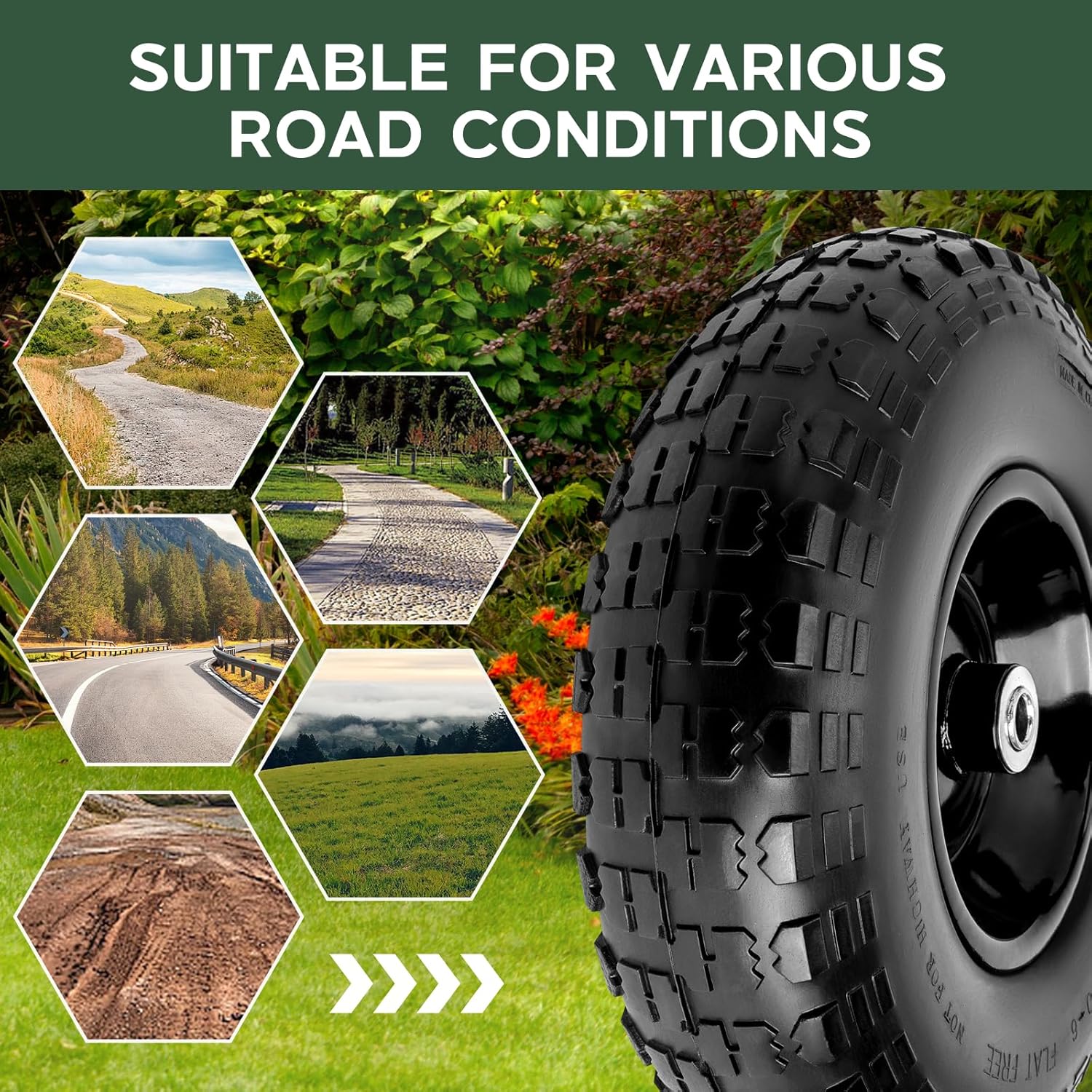1 PC 13 Inch Rubber Solid Flat Free Replacement Tires and Wheels 4.00-6 with 5/8'' Axle Bore Hole, Air Less Wheel for