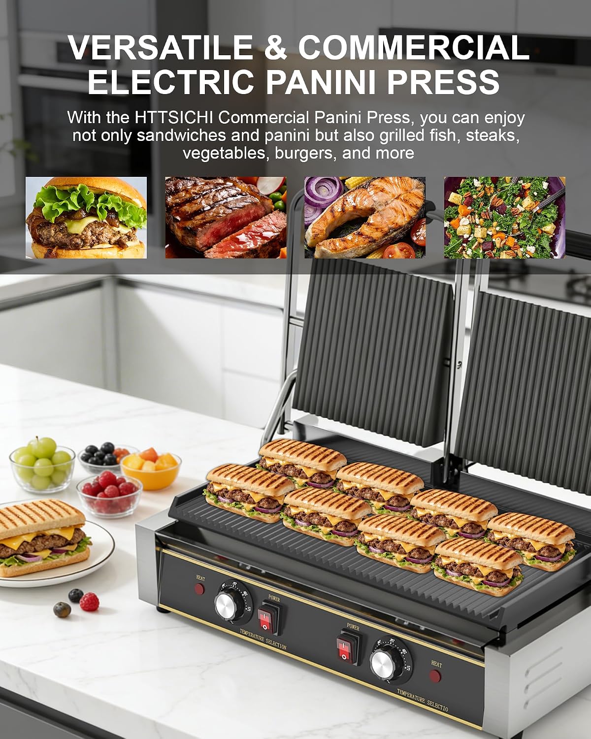 Commercial Panini Press - Electric Sandwich Maker w/ 19"x9" Grooved and Enamel Plates, 3600W Stainless Steel Panini