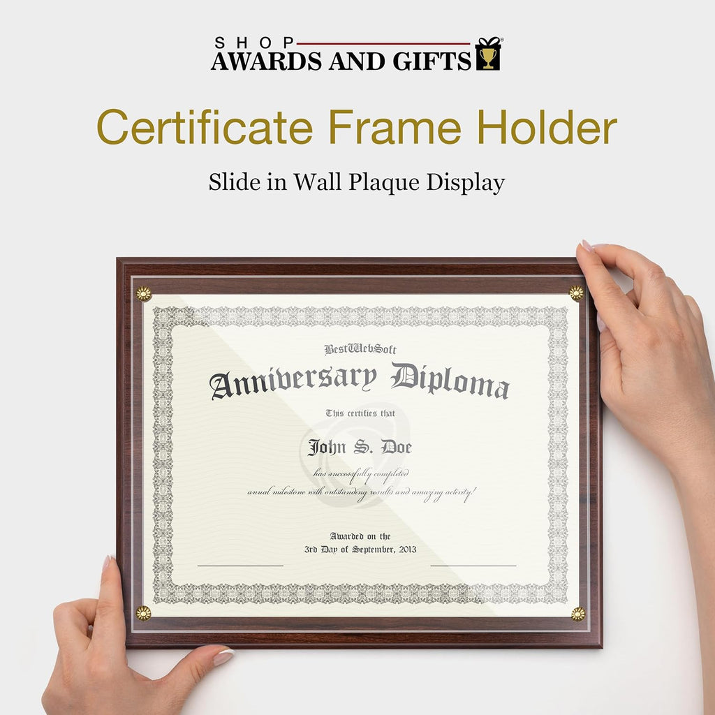 8.5 x 11 Certificate Frame Holder, Slide in Wall Plaque Display, 10.5 x 13 Inch Board, Multiple Colors (Walnut)