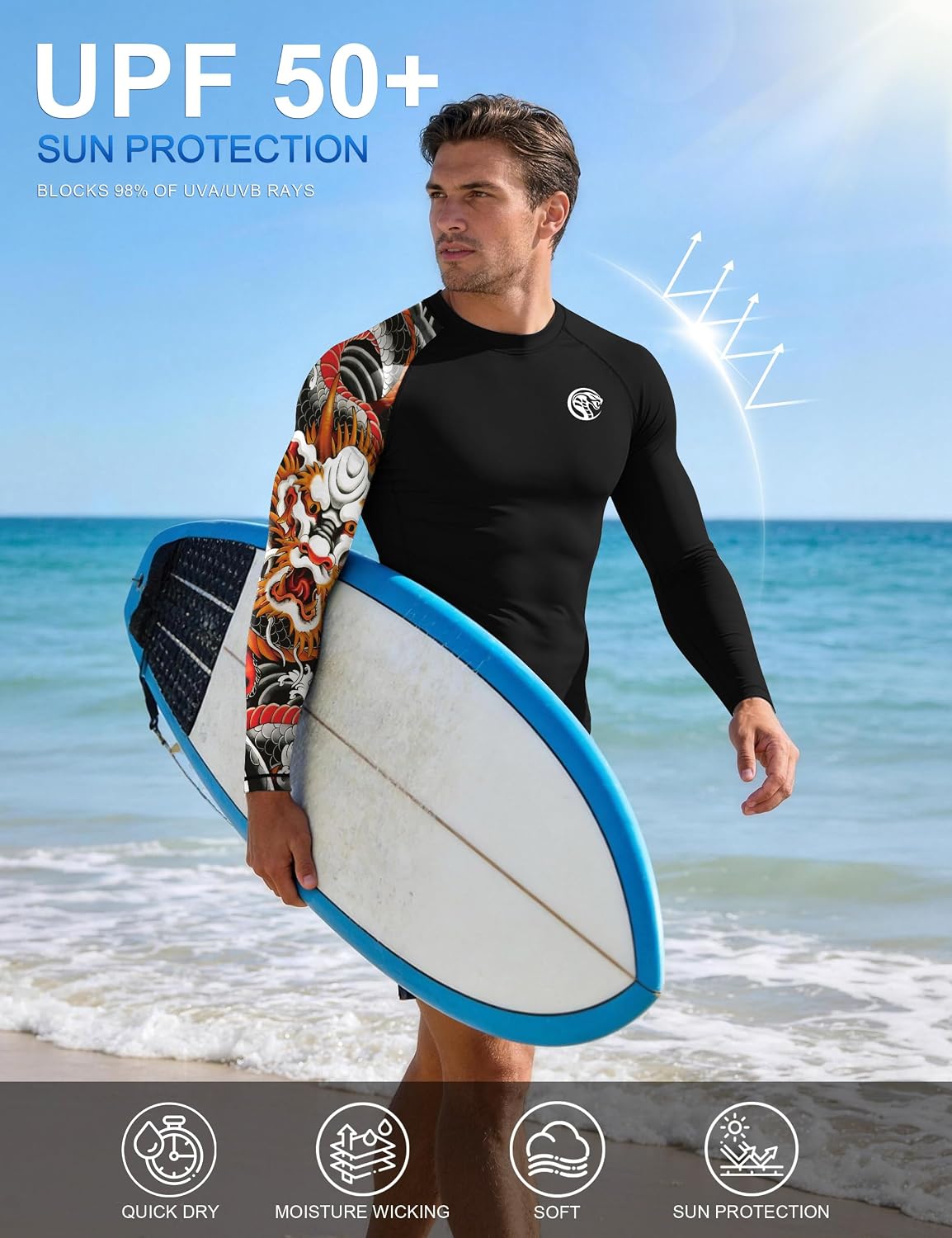 Men's UPF 50+ BJJ Rash Guard, Jiu Jitsu Long Sleeve Compression Shirts, MMA Athletic Base Layer Wrestling Grappling