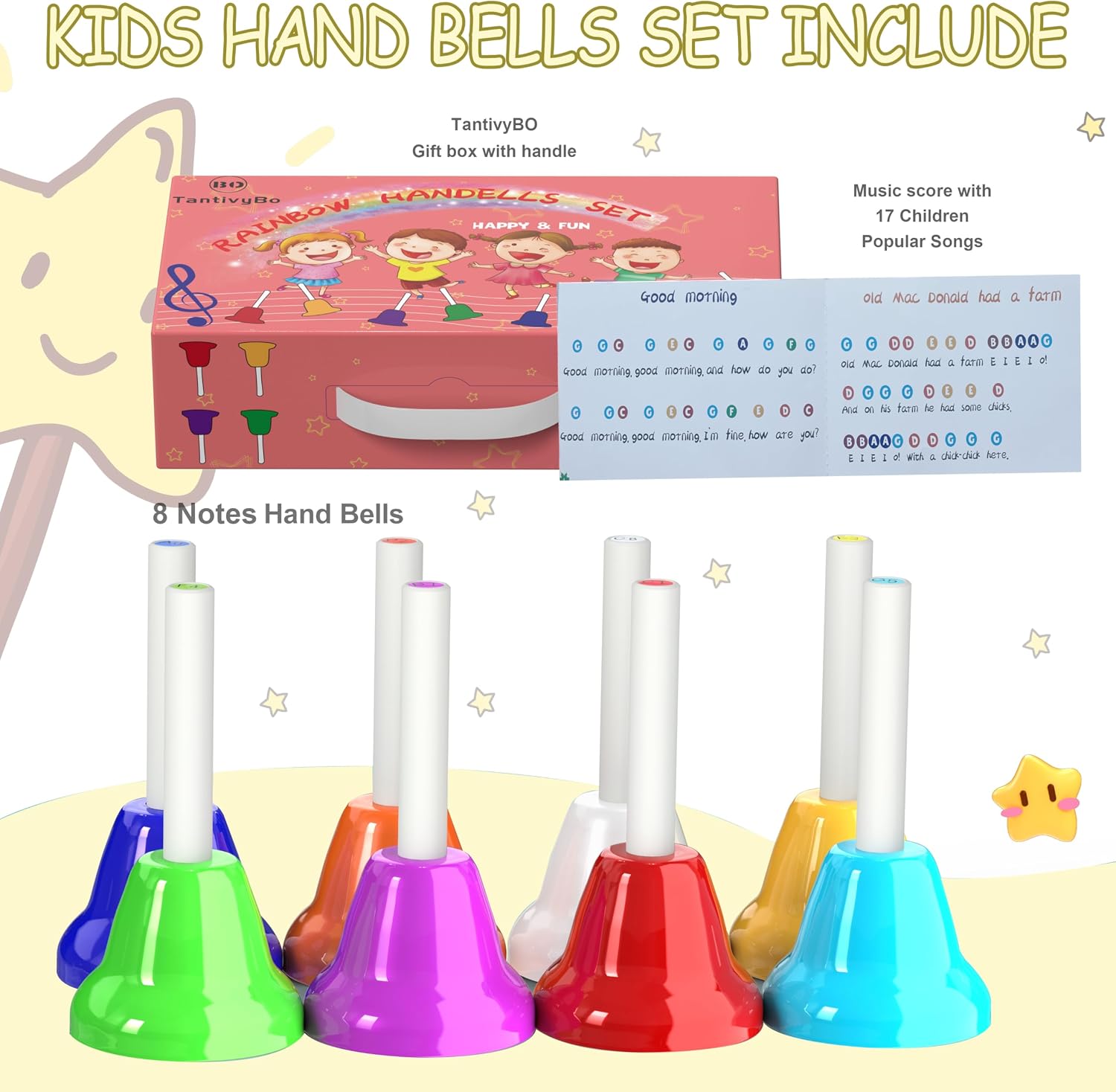 Hand Bells, 8 Note Musical Handbells Set with 17 Songbook Musical Toy Percussion Instrument for Toddlers Children