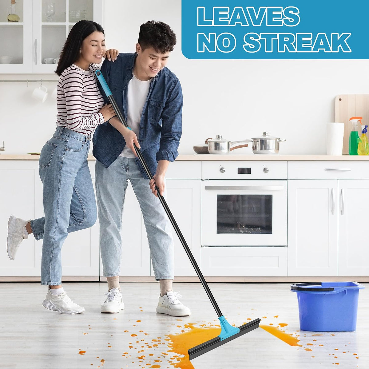 Floor Squeegee Broom with 18’’ Heavy Duty Rubber Scraper and 58.3’’ Telescopic Long Handle for Garage Concrete
