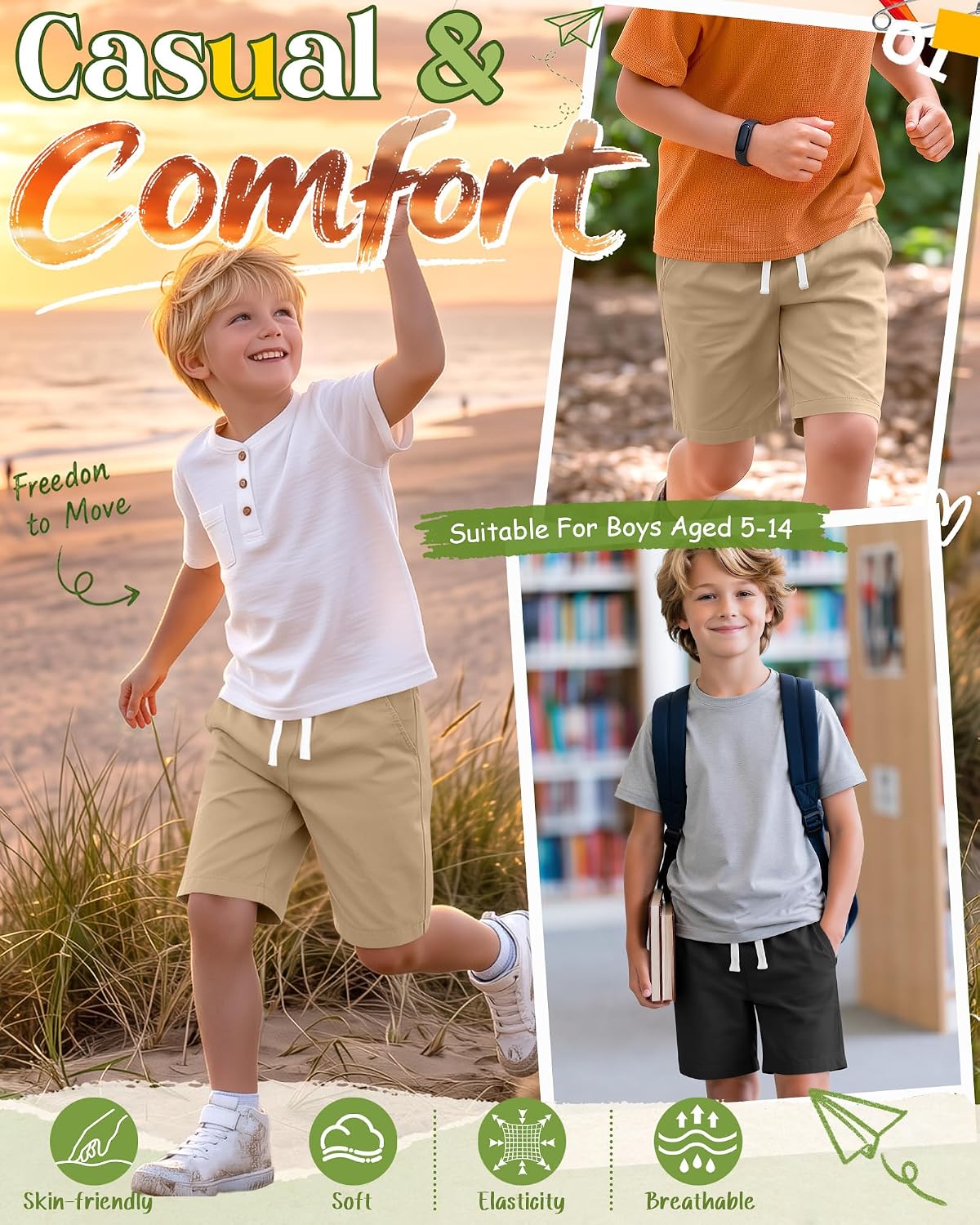 Boys School Uniform Shorts | Pull On Bermuda Shorts, Flat Front Performance Design, Drawstring Waist with
