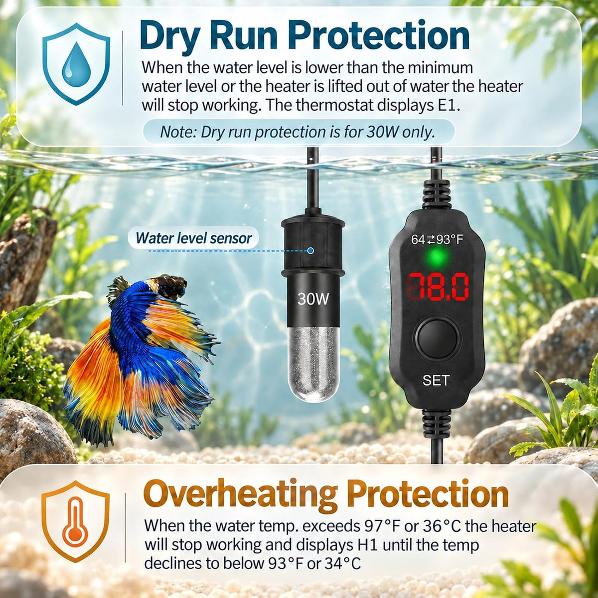 Thumb-Sized 20W Super Mini Aquarium Heater for 2-4 Gallon Small Tanks