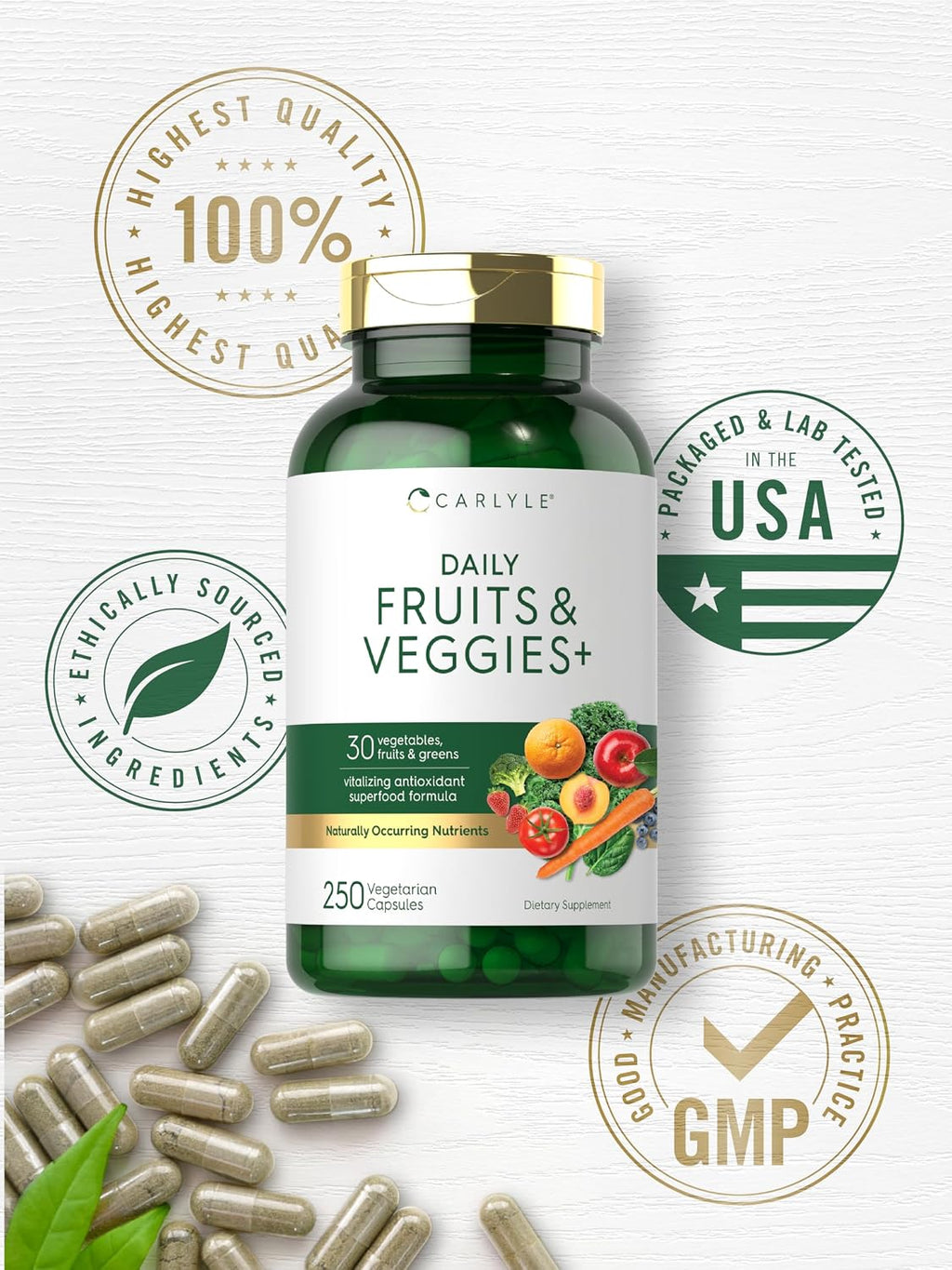 Fruits and Veggies Supplement | 250 Capsules | Made with 30 Fruits and Vegetables | Vegetarian, Non-GMO, Gluten Free