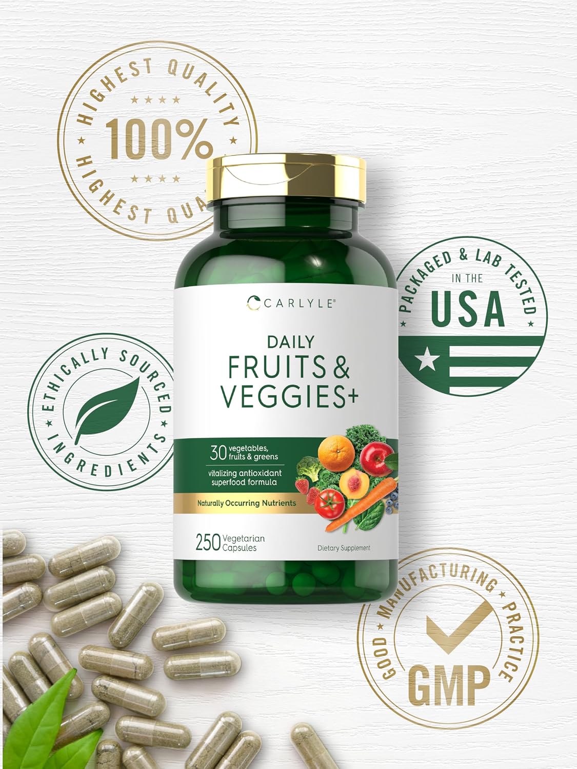 Fruits and Veggies Supplement | 250 Capsules | Made with 30 Fruits and Vegetables | Vegetarian, Non-GMO, Gluten Free
