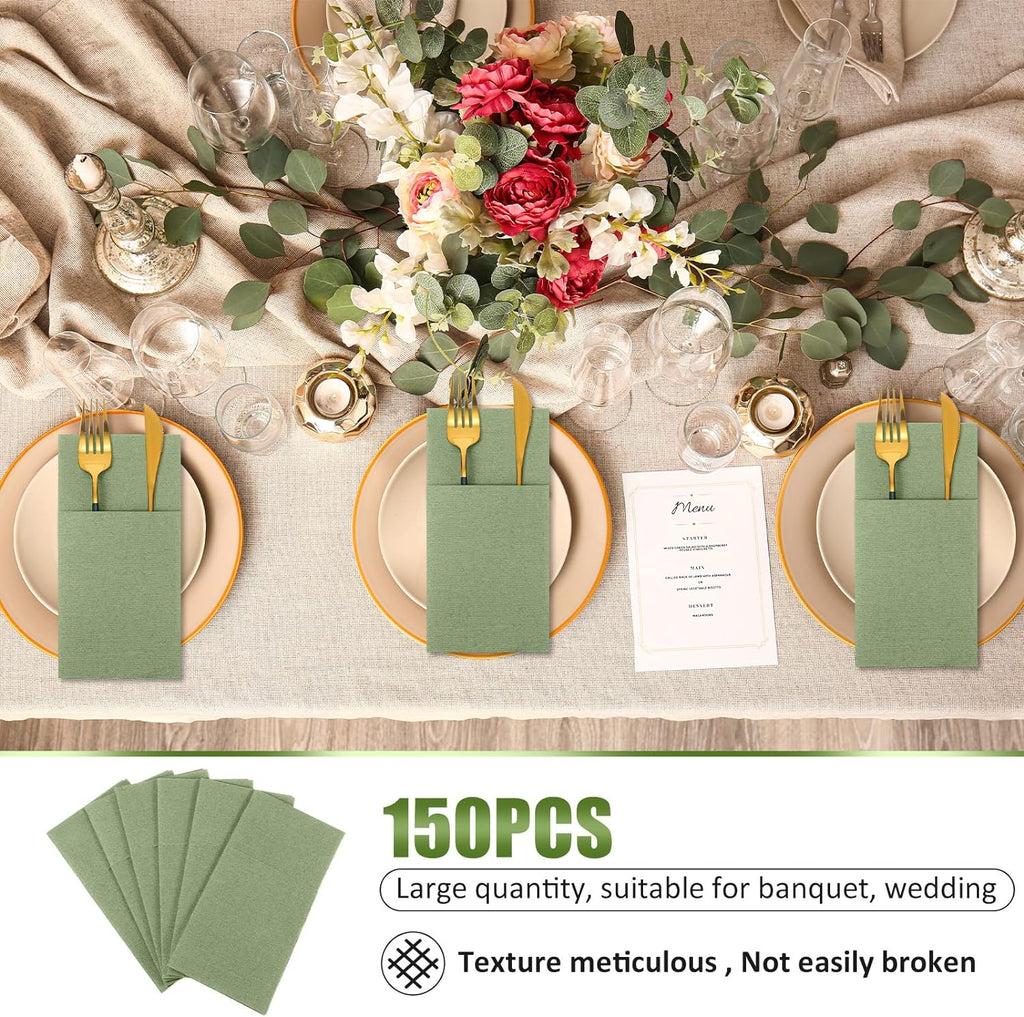 75 Pcs Sage Green Linen Dinner Napkins with Built in Flatware