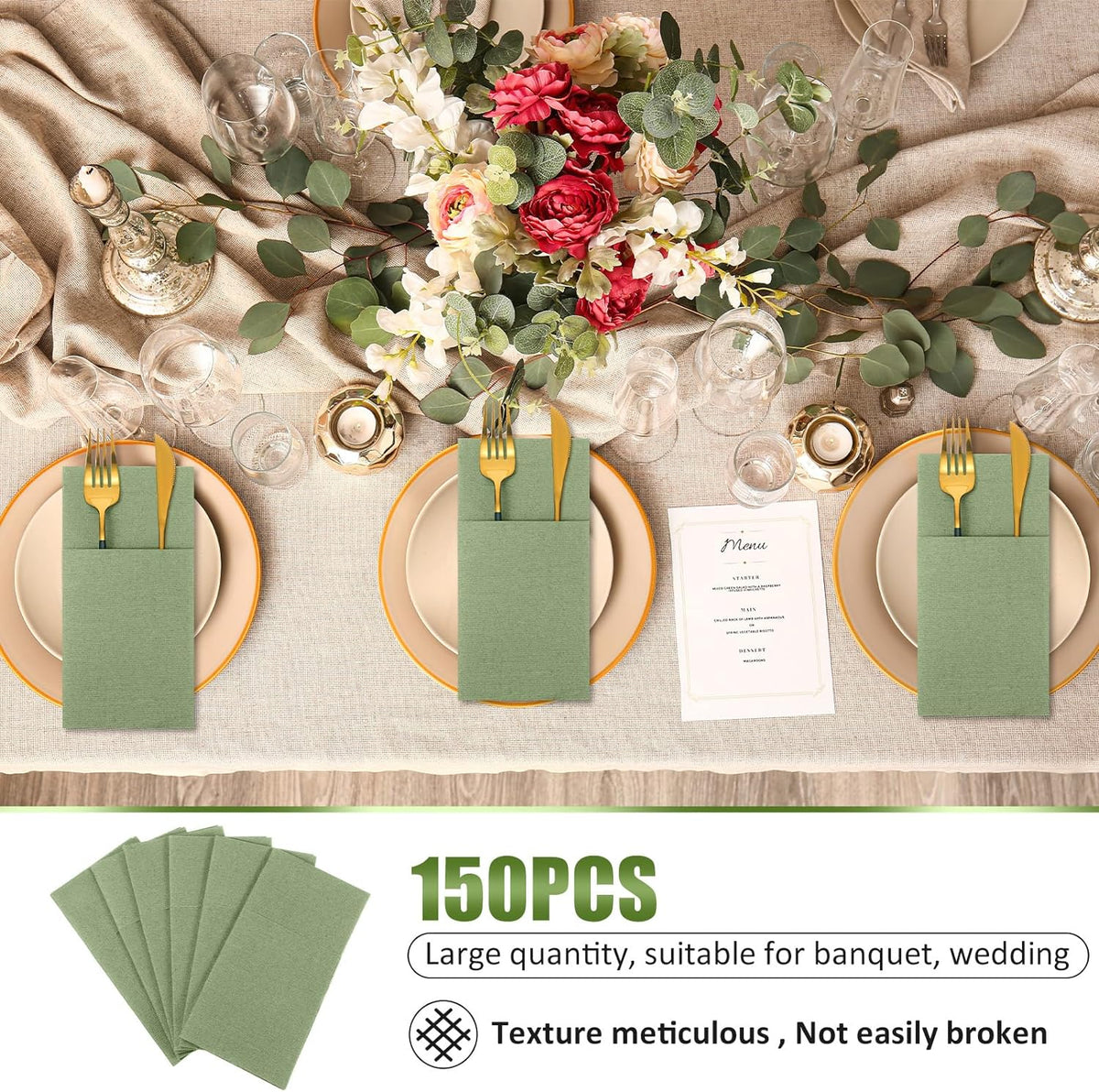 75 Pcs Sage Green Linen Dinner Napkins with Built in Flatware